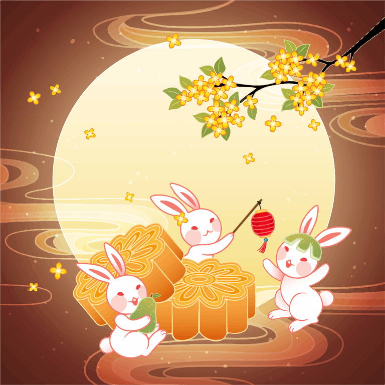 illustration jade rabbits enjoying delicious mooncakes full