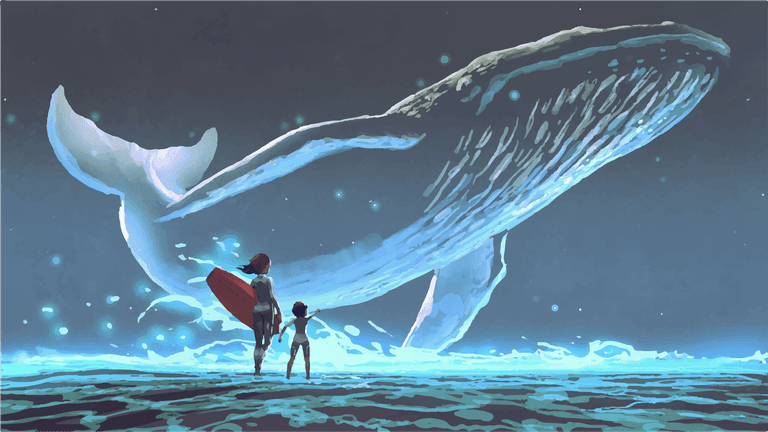 illustration mother daughter looking whale blue light