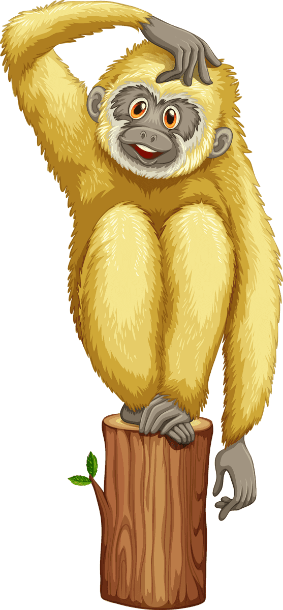 illustration of a gibbons perched on a wooden stump with playful pose
