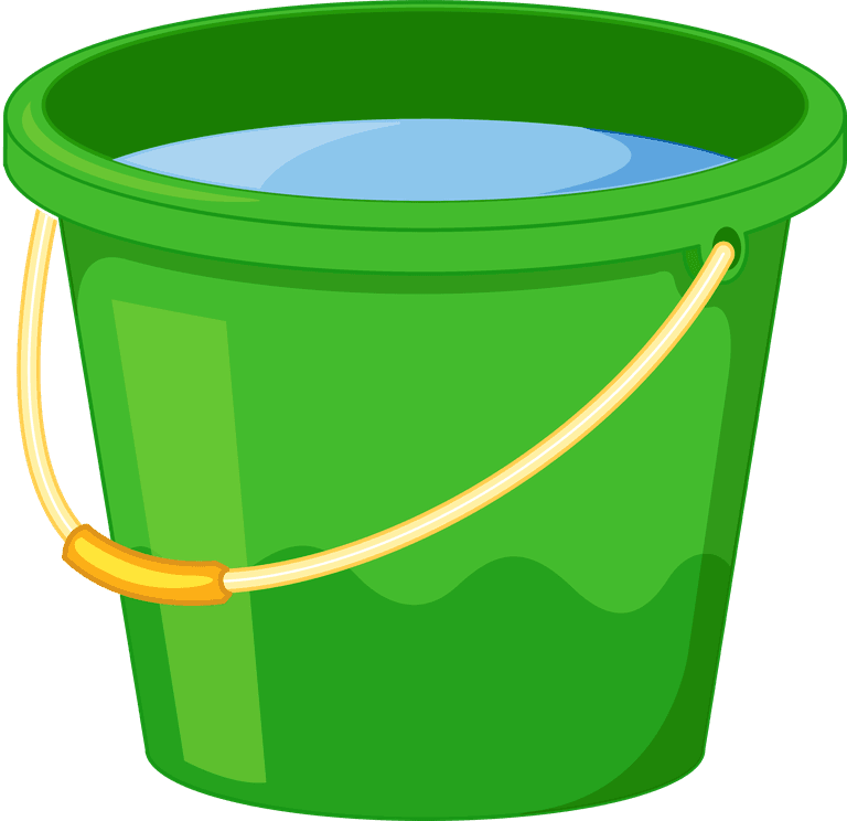 illustration of bathroom equipments including a green bucket with water for cleaning tasks