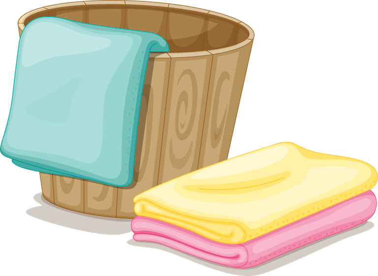 illustration of bathroom equipments featuring colorful towels and a wooden basket