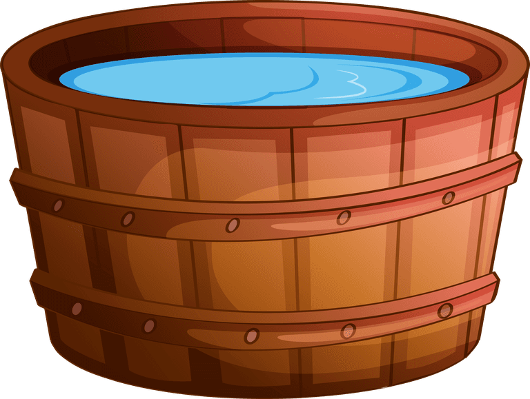 illustration of bathroom equipments featuring a wooden barrel filled with water