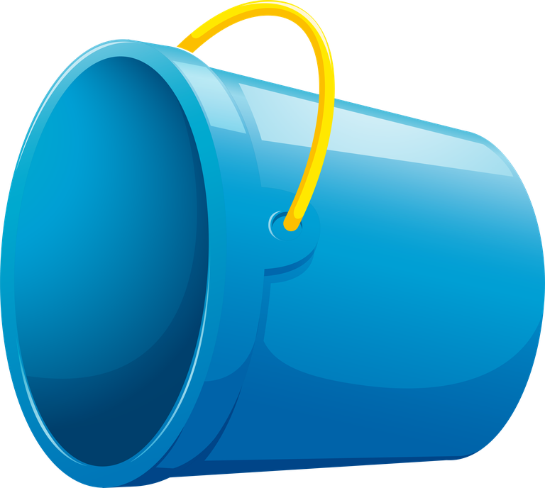 illustration of bathroom equipments featuring a bright blue bucket with handle
