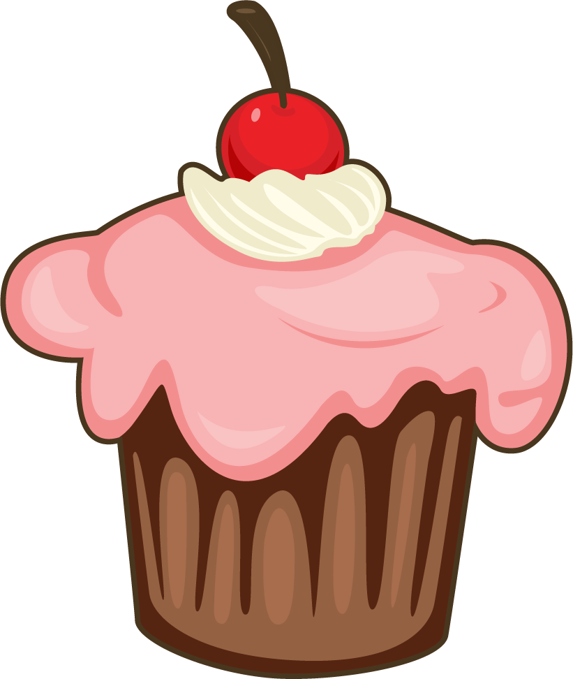 illustration of cakes and desserts featuring a colorful cupcake with cherry topping