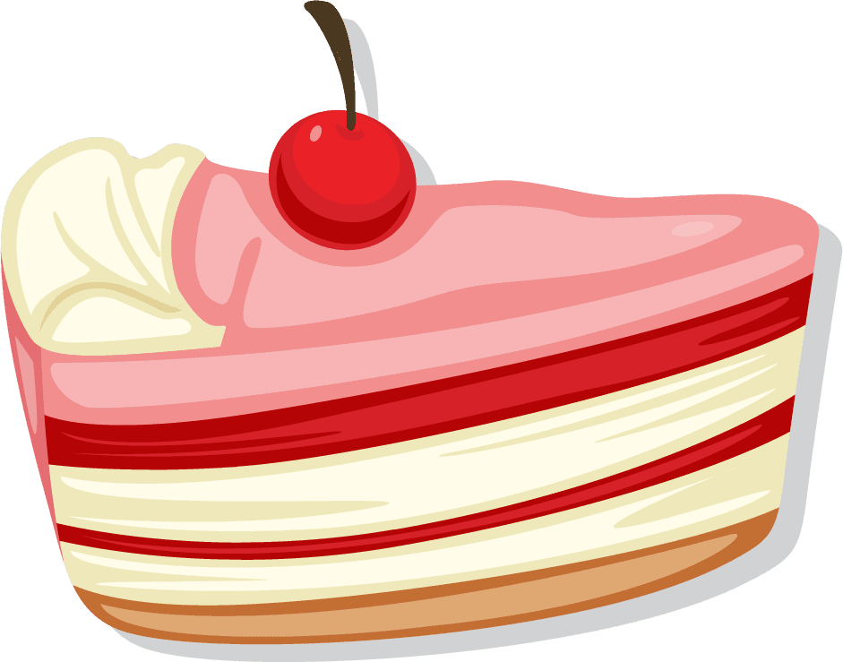 illustration of cakes and desserts featuring a slice of layered cherry cream cake