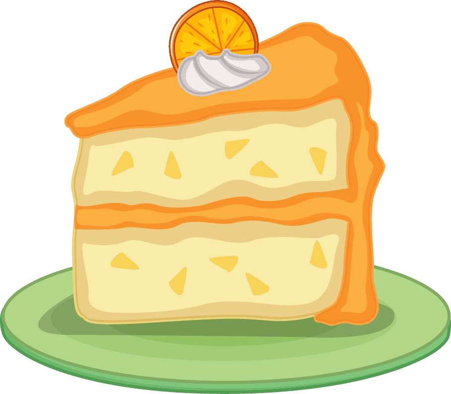 illustration of cakes and desserts featuring a delicious layered orange cake slice