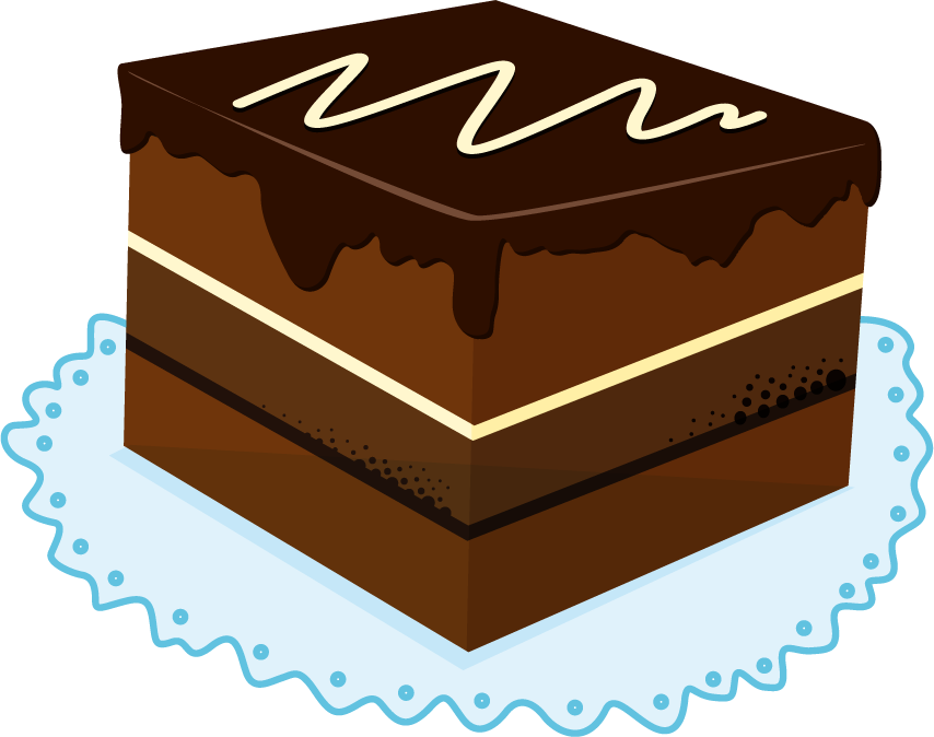 illustration of cakes and desserts featuring a rich chocolate dessert on a decorative plate