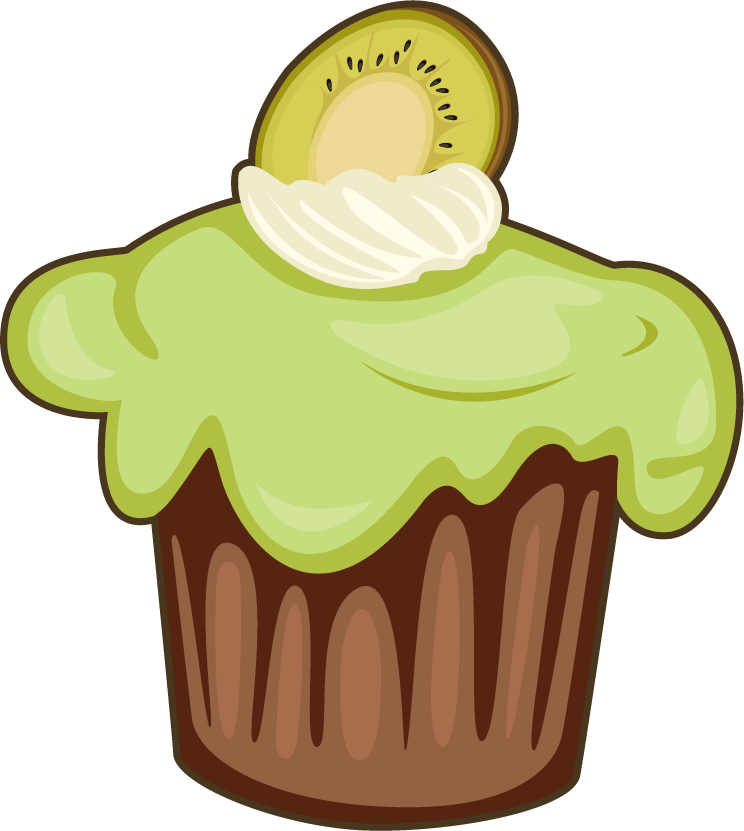 illustration of cakes and desserts with a delicious cupcake topped with cream and kiwi