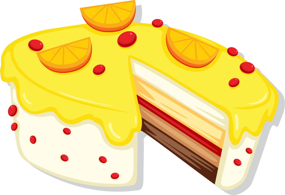 illustration of cakes and desserts featuring a colorful layered cake with fruit toppings