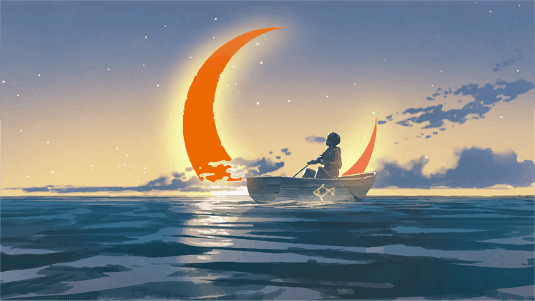 illustration young man rowing boat sea looking