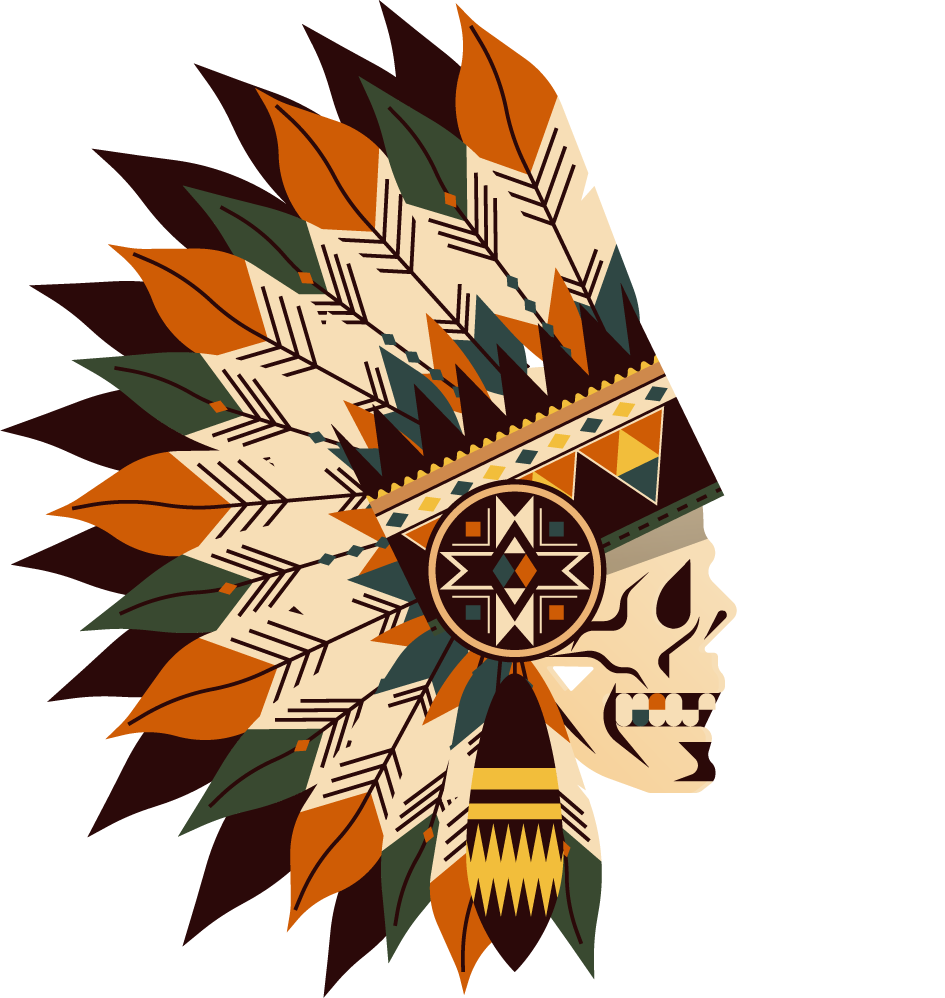 indian elements tribe symbols sketch featuring a colorful skull with feathered headdress