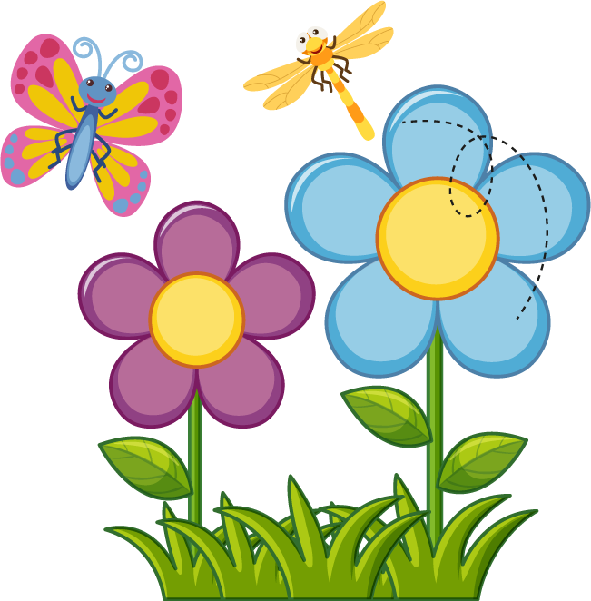 colorful cartoon style insect with smiling flowers and playful nature elements
