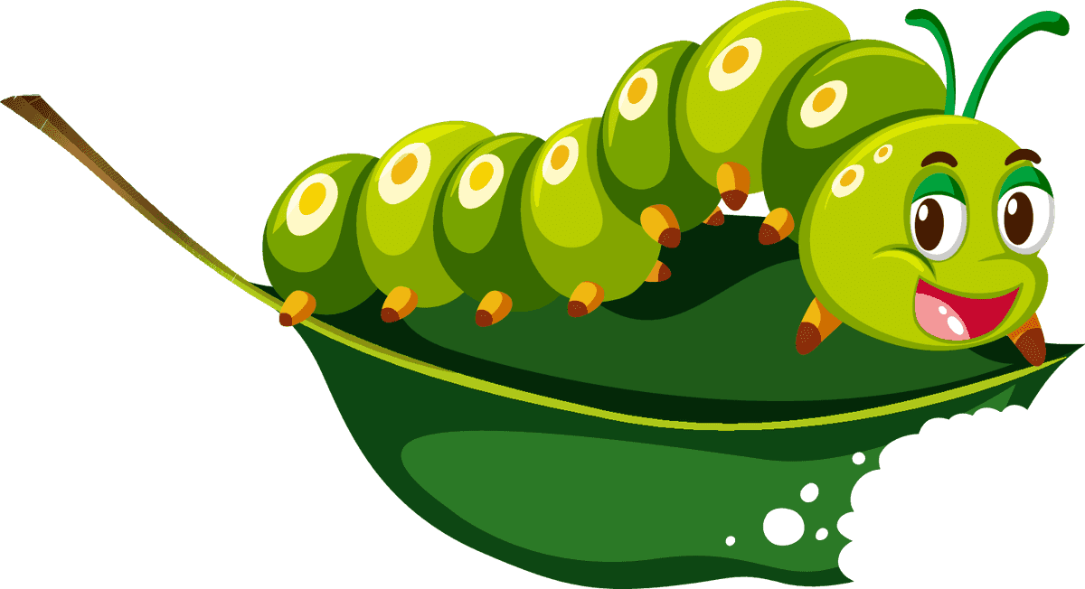 colorful cartoon style insect crawling on a leaf with a cheerful expression