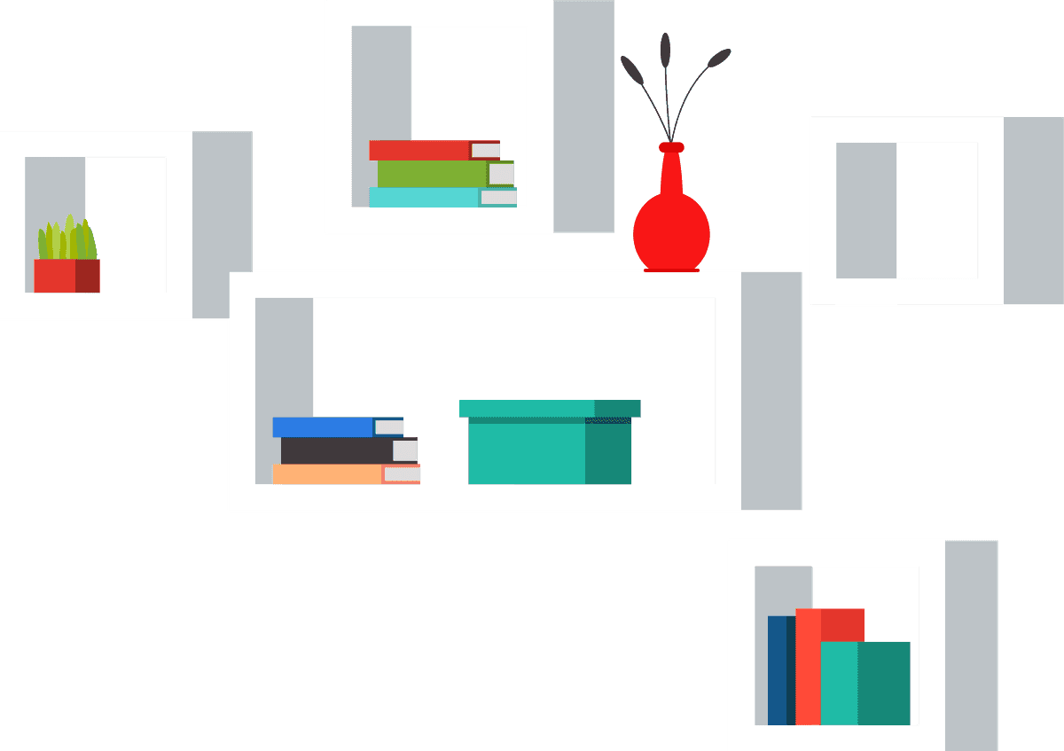 flat interior home furniture items chair, bookshelves, sofa, table