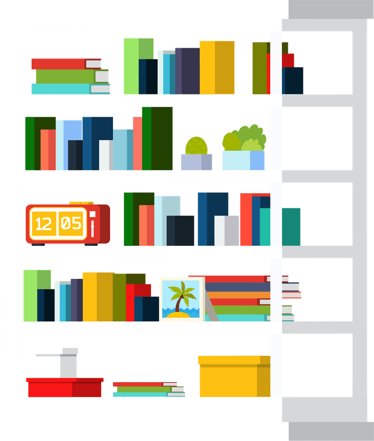 flat interior home furniture items chair, bookshelves, sofa, table