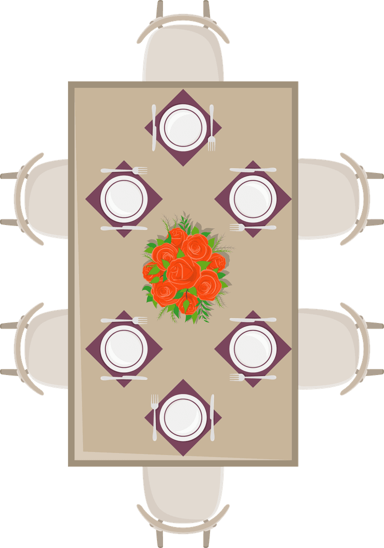 interior elements top view position of a beautifully set dining table with floral arrangement