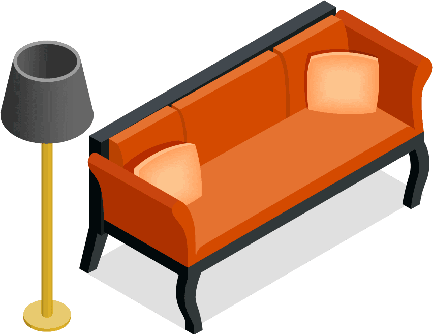 isometric interior,home furniture item - sofa,desk,chair,book case...
