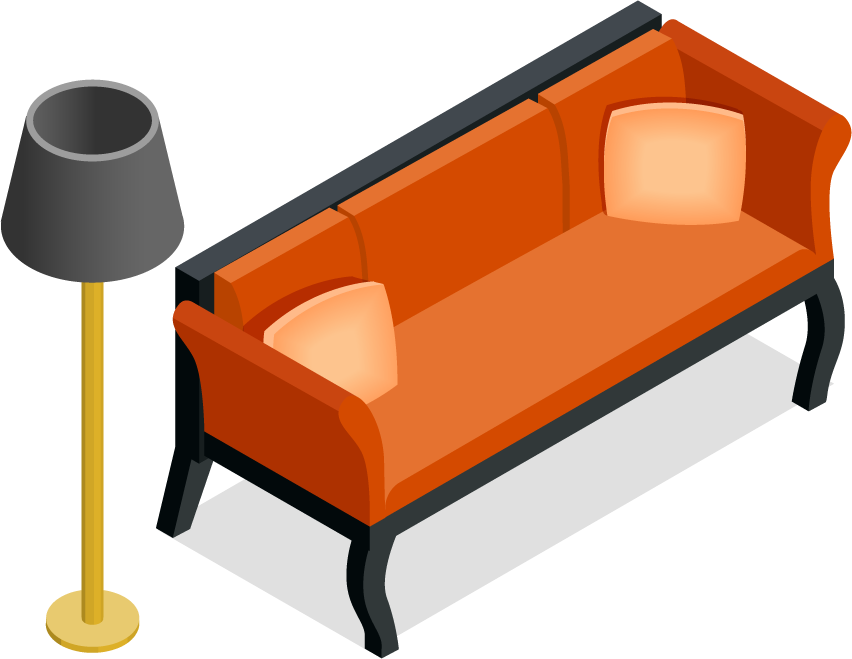 isometric interior,home furniture item - sofa,desk,chair,book case...