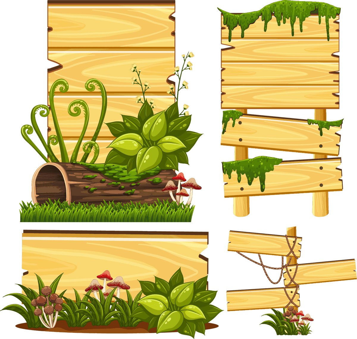 isolated gardening and outdoor objects featuring wooden signs with plants and mushrooms