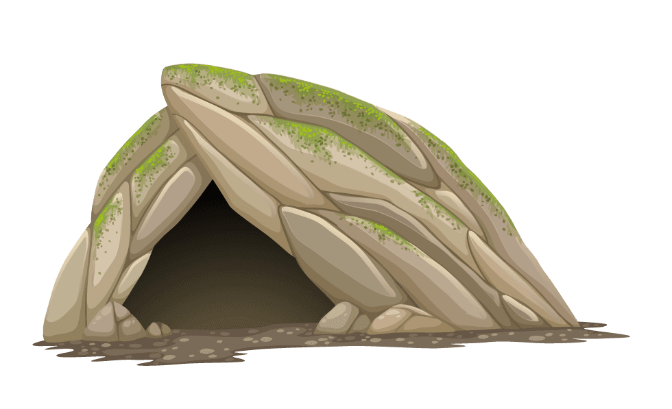 isolated gardening and outdoor objects with a natural stone cave entrance illustration