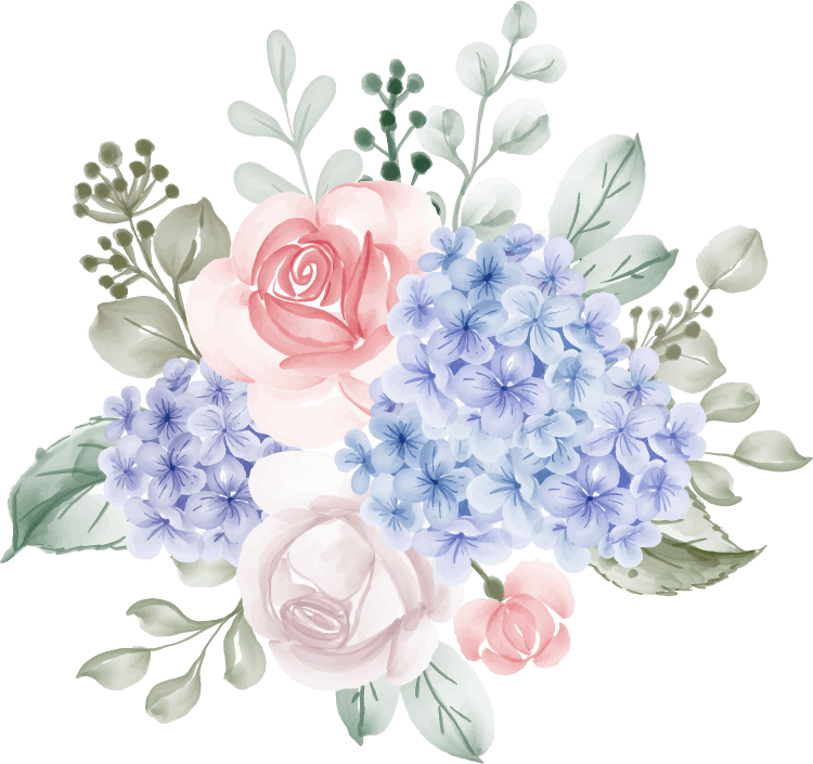 isolated hydrangea blue with rose watercolor illustration