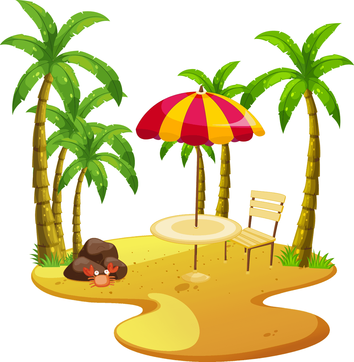 isolated realistic summer island with palm trees, umbrella, and sandy beach seating area