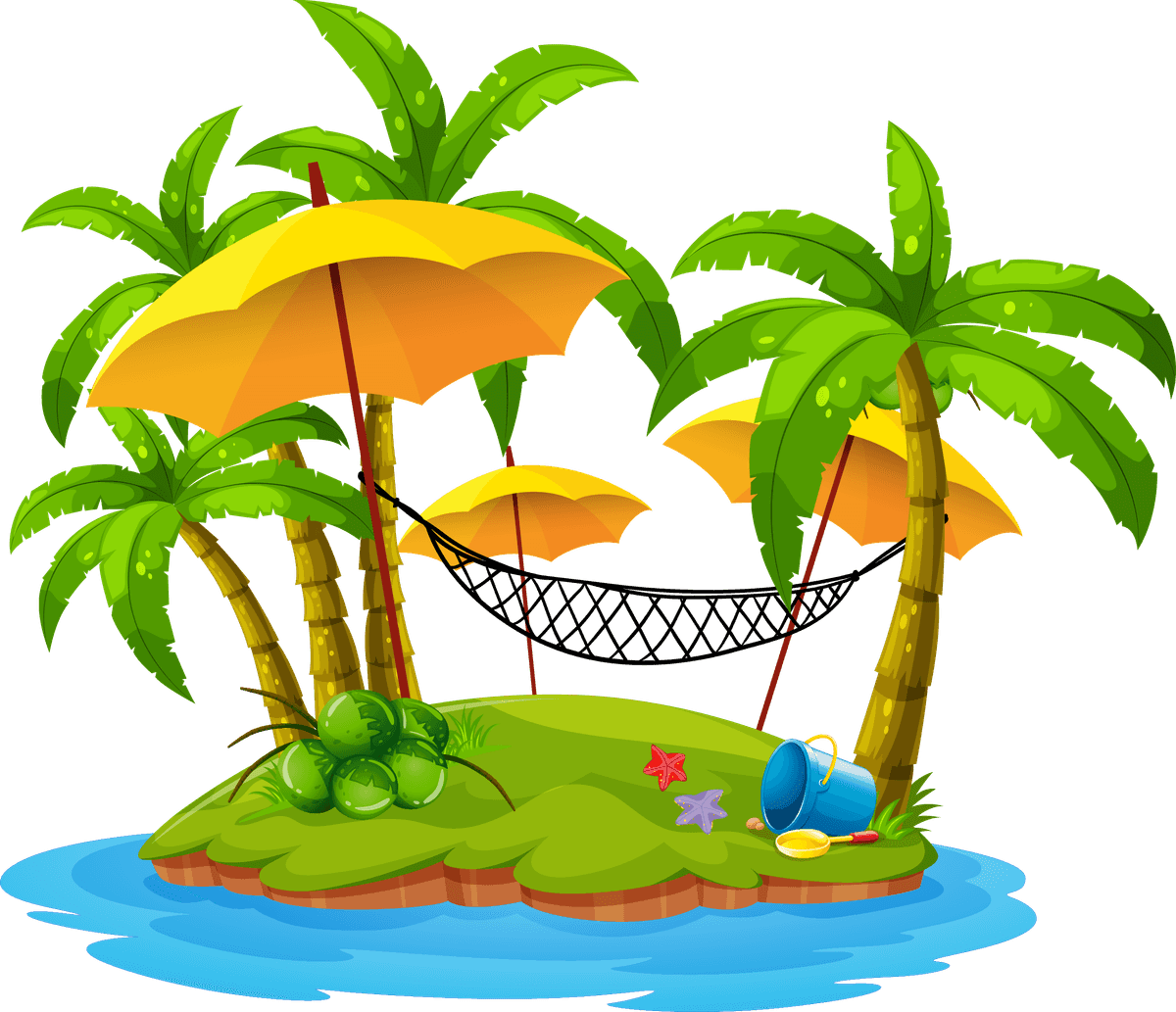 isolated realistic summer island with palm trees and beach umbrellas for vacation vibes