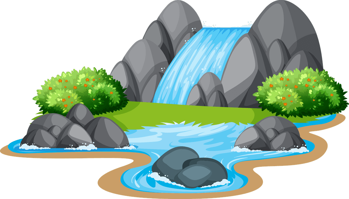 isolated water element illustration of a serene waterfall with lush greenery and rocks