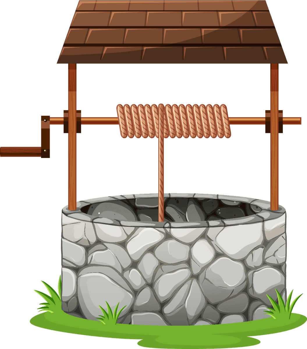 isolated water element illustration of a traditional stone well with a wooden roof and pulley system