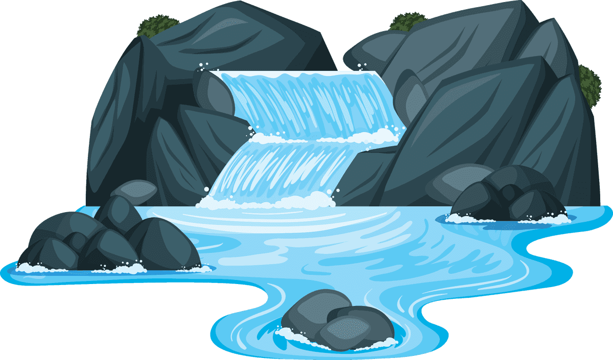 isolated water element illustration featuring a serene cascading waterfall with rocks