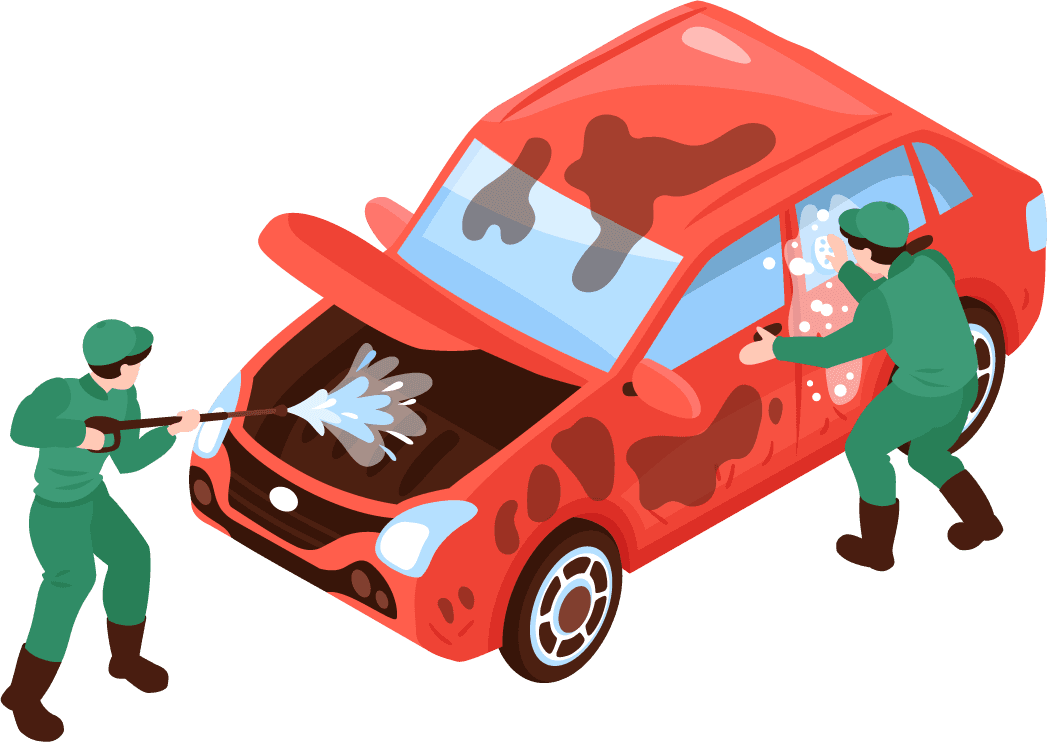 isometric car washing services isolated images workers uniform cars