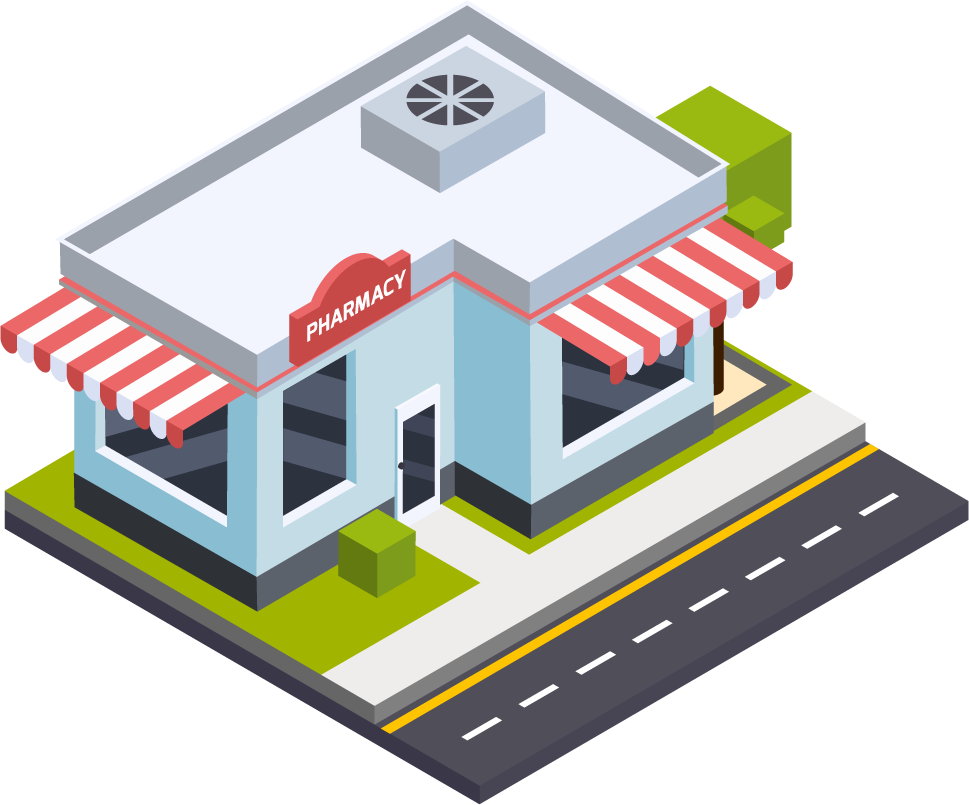 isometric single city building illustration of a modern pharmacy with vibrant colors