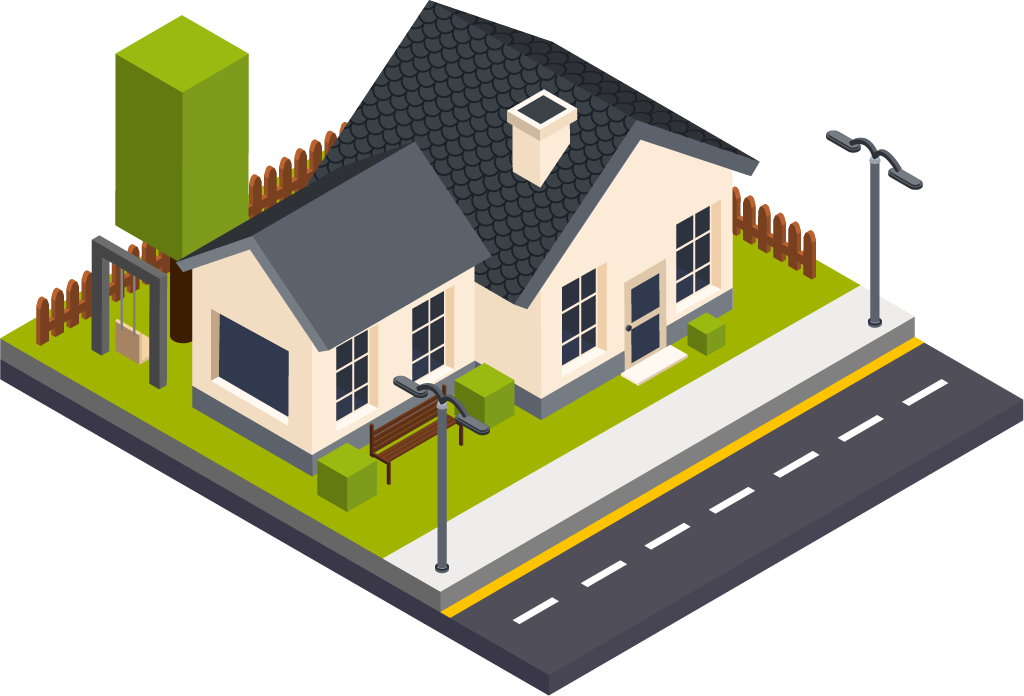 isometric single city building illustration featuring a modern house with greenery and street elements