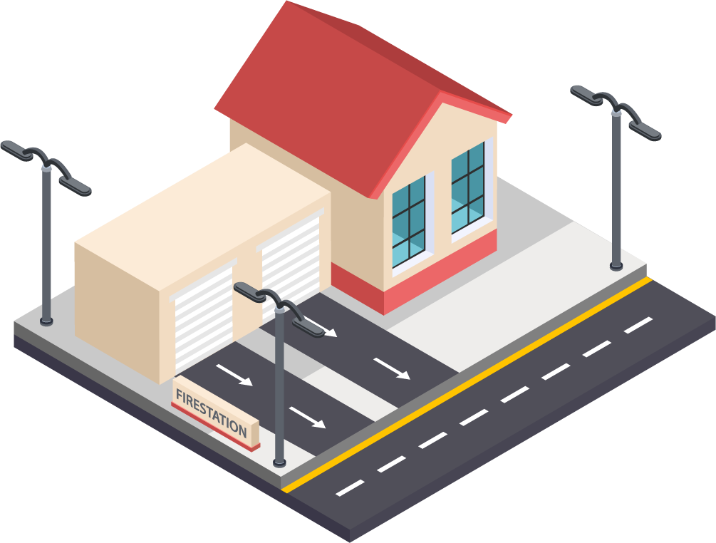 isometric single city building illustration of a detailed fire station with realistic features