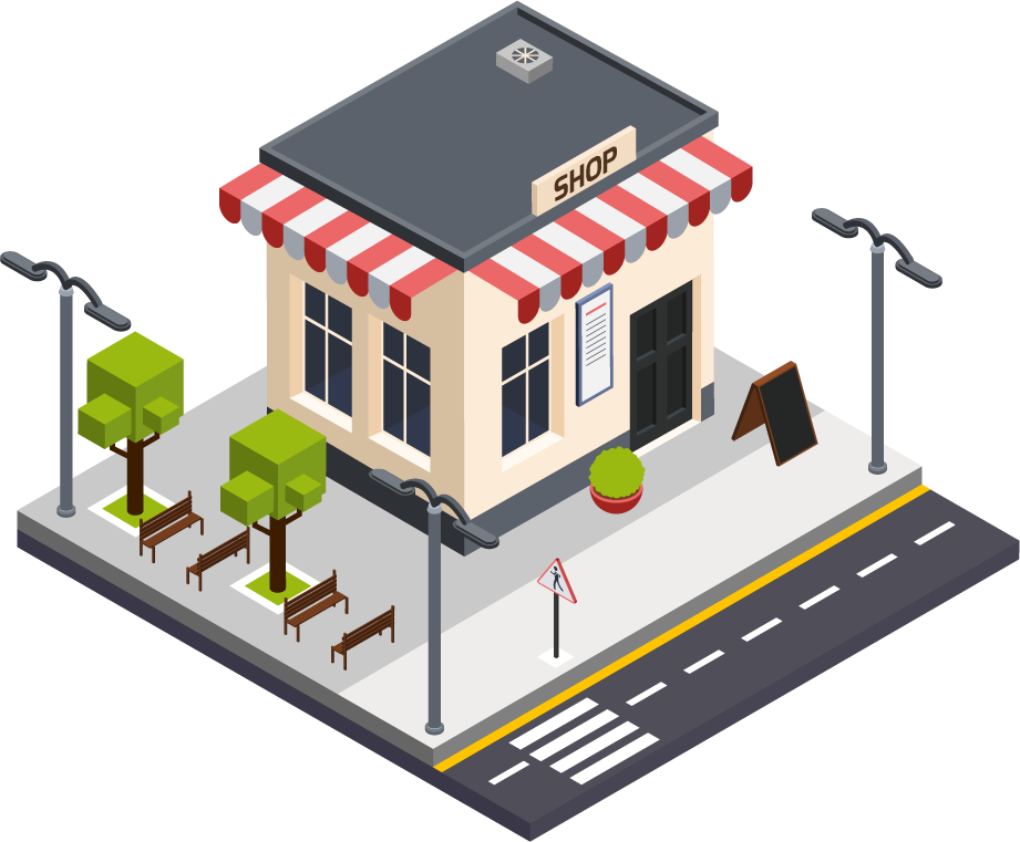 isometric single city building illustration featuring a charming shop with outdoor seating