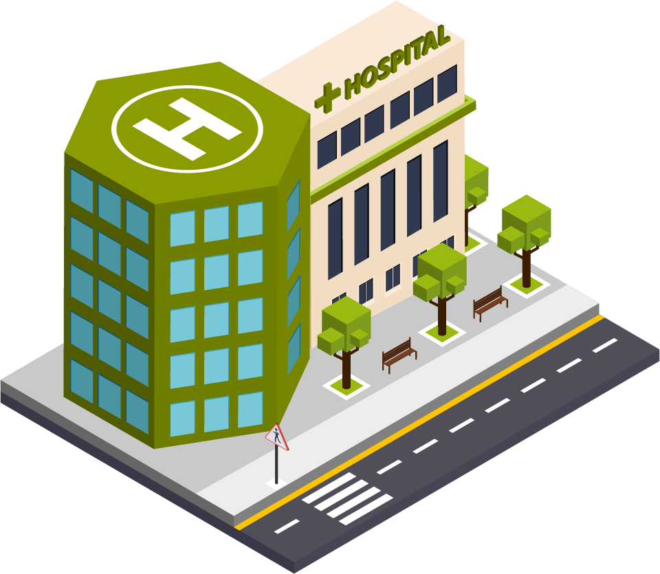 isometric single city building illustration featuring a modern hospital with greenery