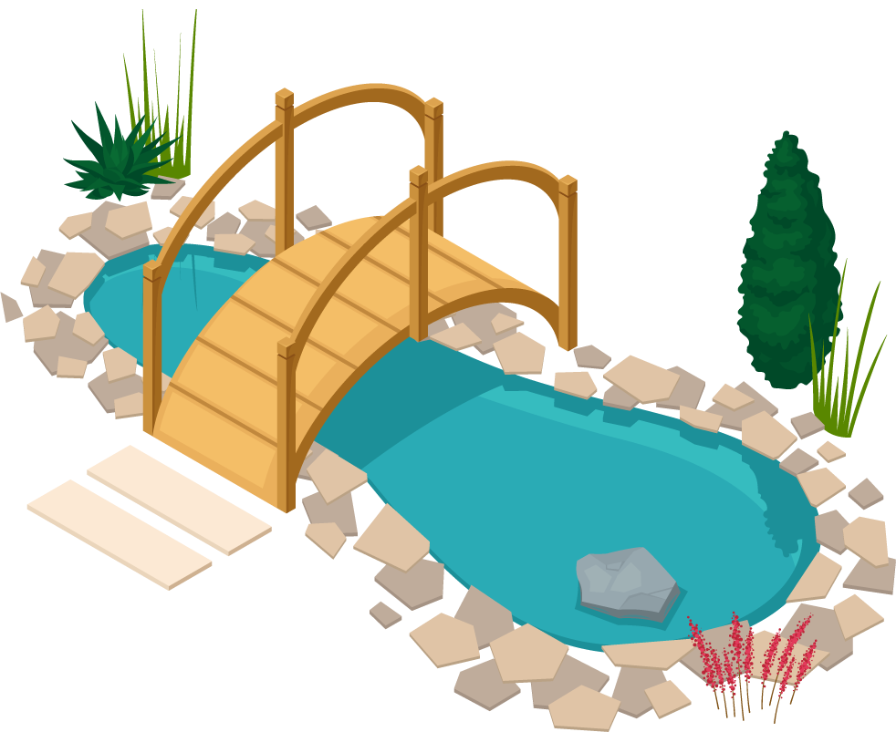 isometric elements city landscape featuring a serene bridge over a tranquil pond