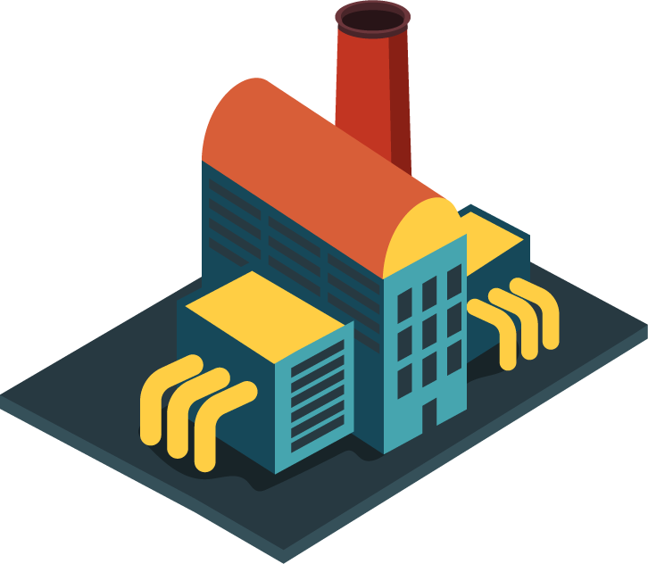 isometric industrial building vector illustration with bold colors and intricate details