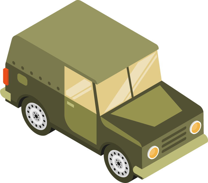 isometric military equipment and vehicle showcasing a rugged off-road four-wheel drive design