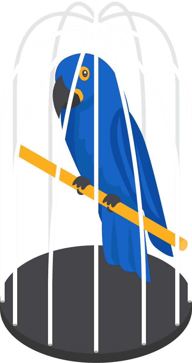 isometric pet shop horizontal background featuring a colorful parrot in a cage