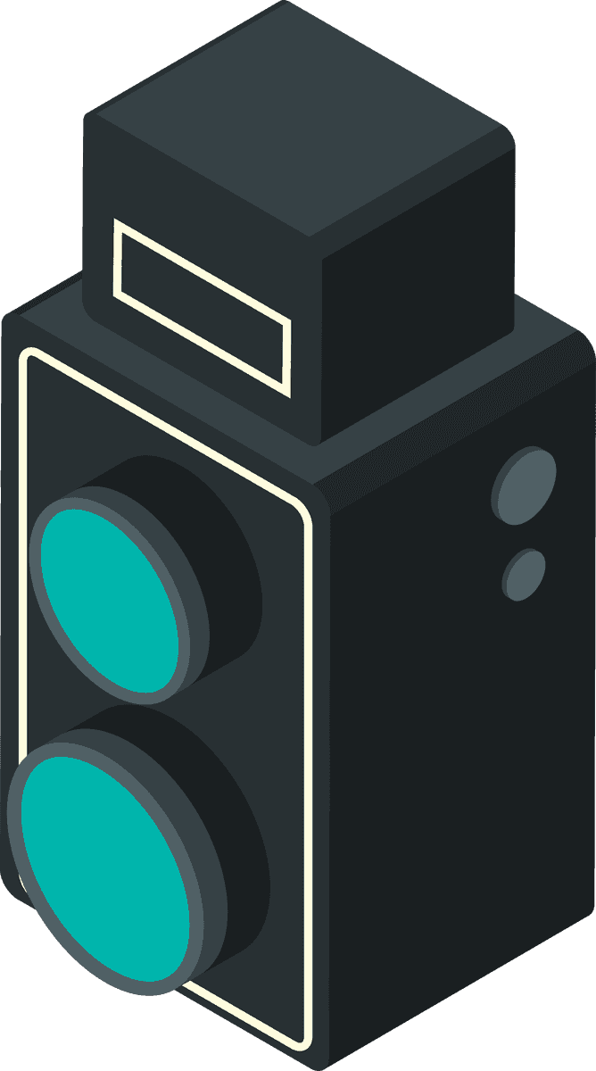 isometric photo video icons showcasing a retro camera for stylish content creation