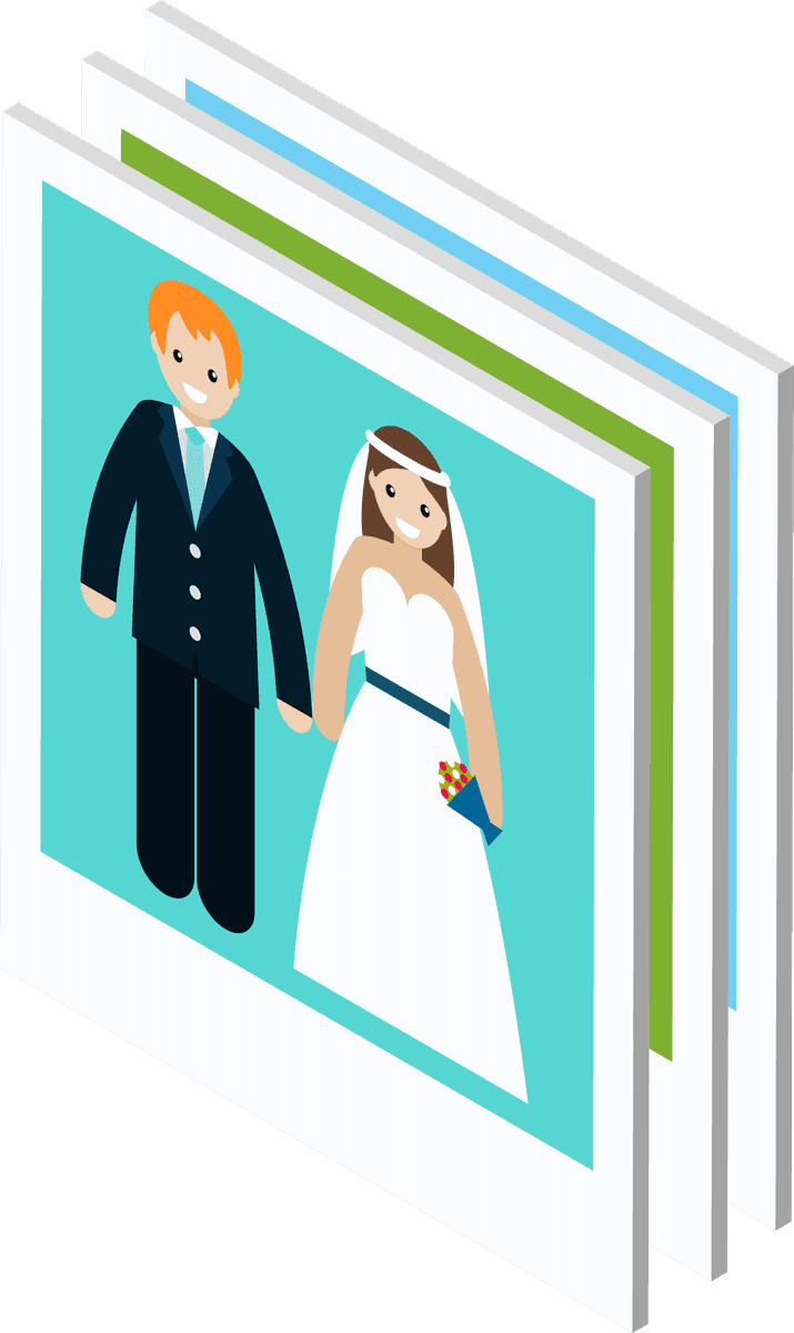 isometric photo video icons showcasing wedding moments in a playful style for celebration and memories