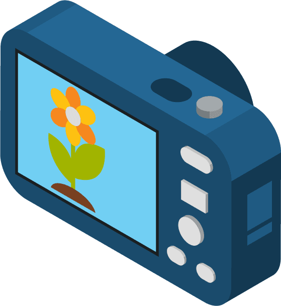 isometric photo video icons showcasing a camera capturing vibrant images of nature's beauty