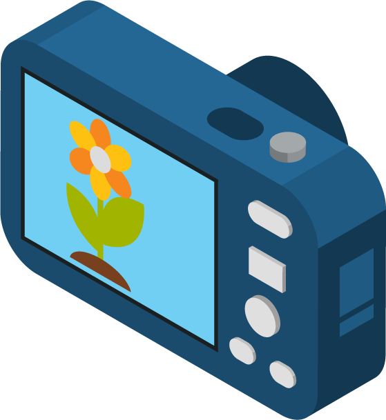 isometric photo video icons showcasing a camera capturing vibrant images of nature's beauty