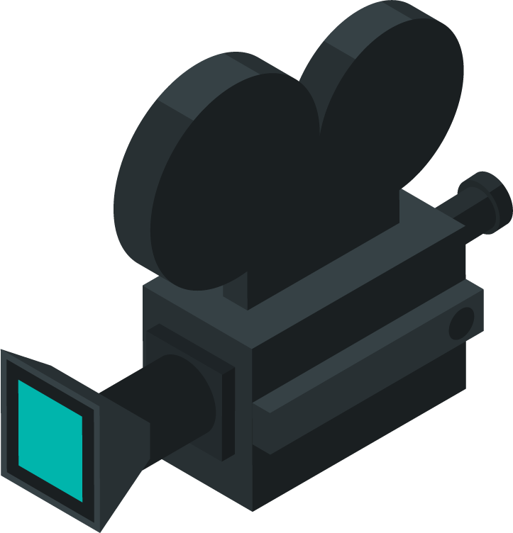 isometric photo video icons featuring a modern filmmaking camera for creative projects