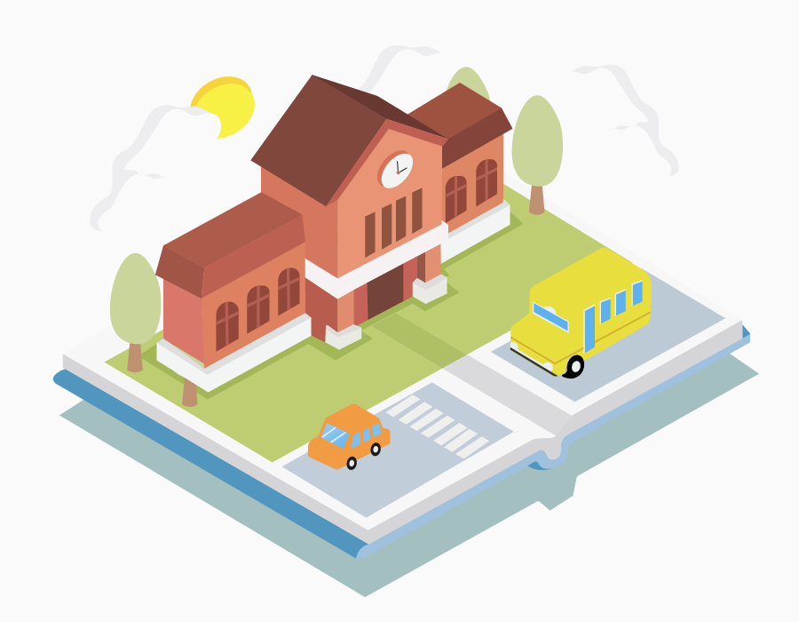 isometric school building illustration with trees, vehicles, and bright colors for educational purposes