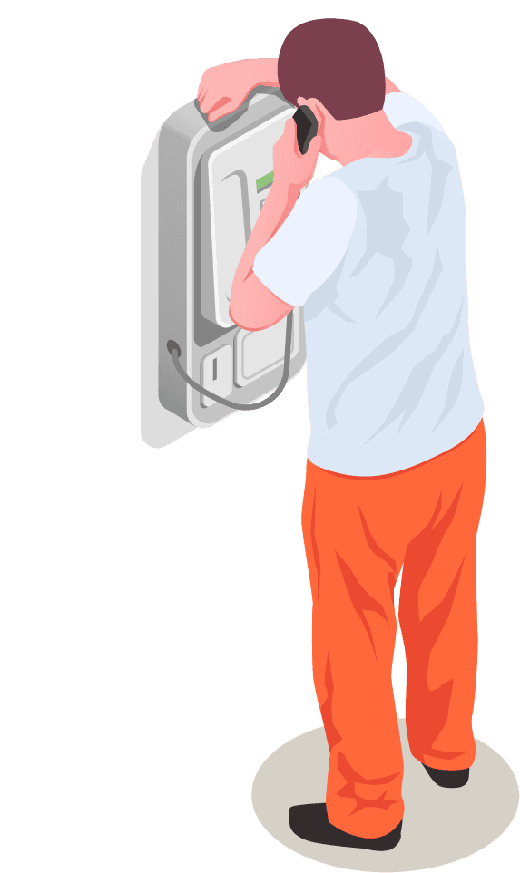 isometric standing prisoner standing inmate talking on phone in orange jumpsuit