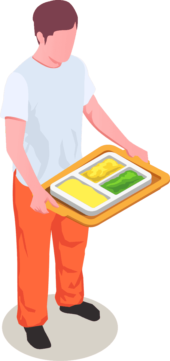 isometric standing prisoner standing inmate holding a meal tray in a correctional facility