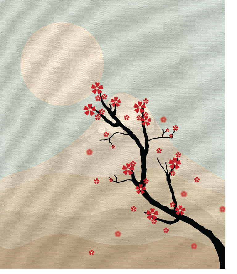 japanese cherry blossom scene design with serene mountain backdrop and gentle color palette