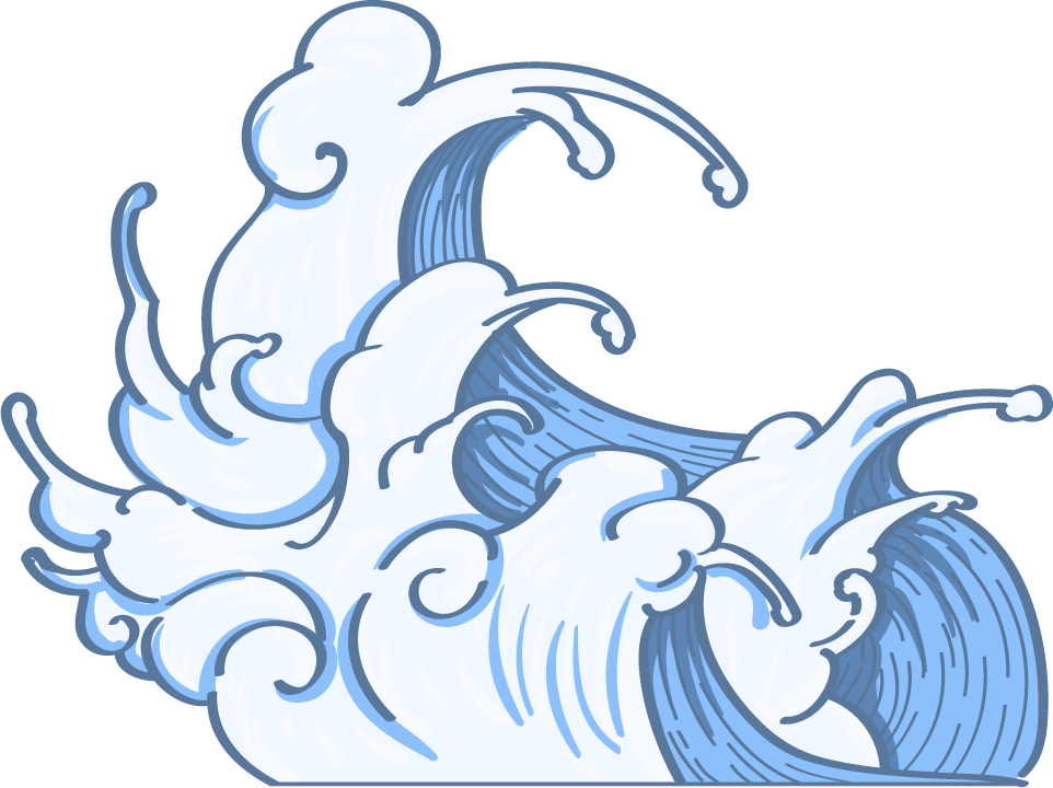 ancient blue japanese wave doodle illustration for ocean-themed projects and decor